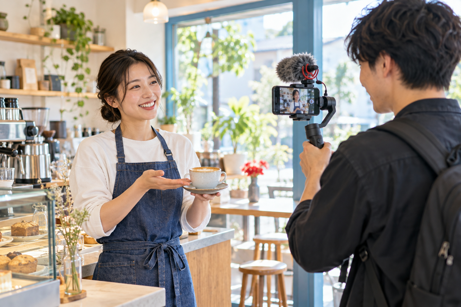 Illustrative AI-generated scene of a creator filming with a Japanese café owner