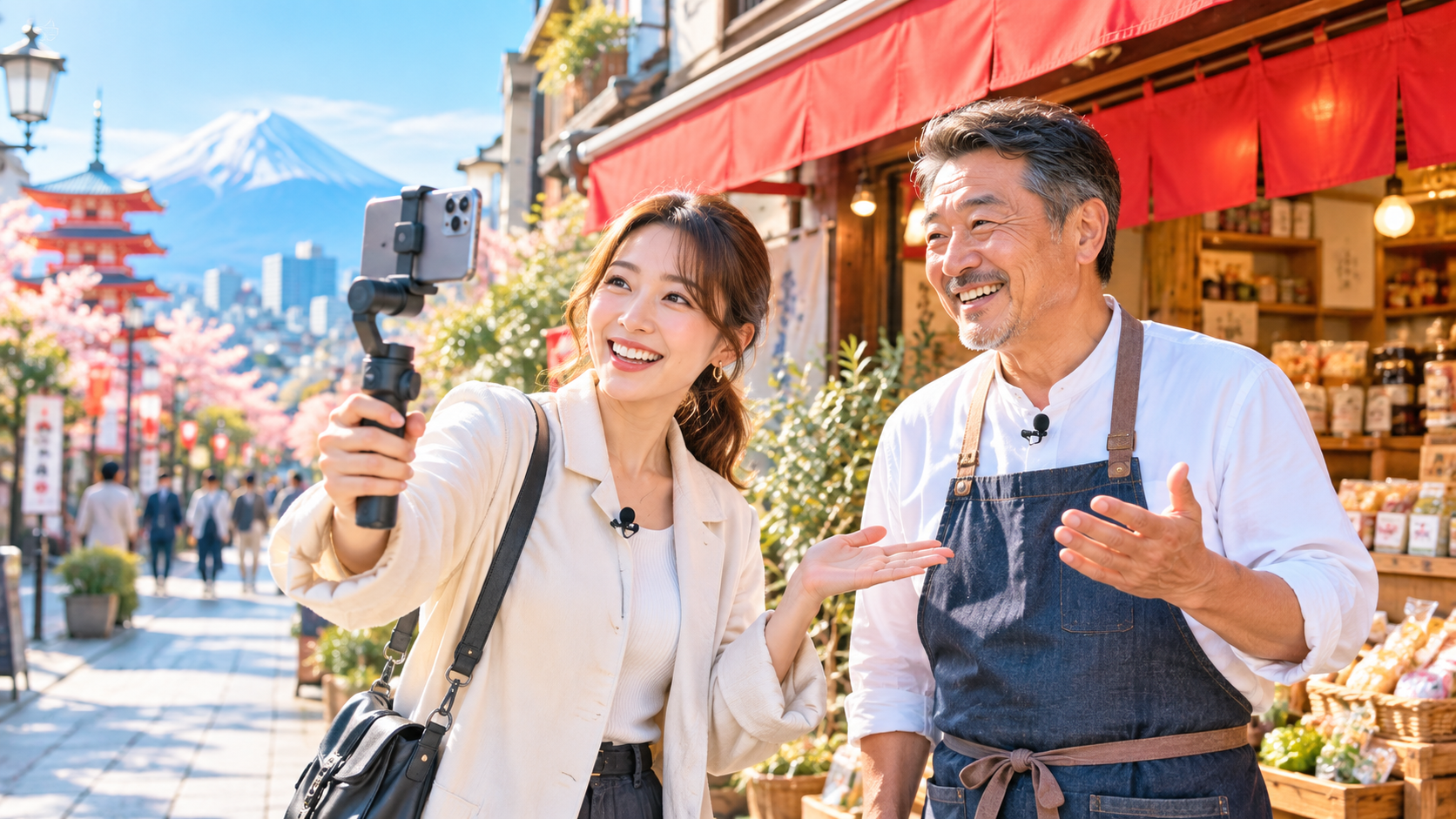 Illustrative AI-generated scene of a Japan-based creator filming a local shop owner